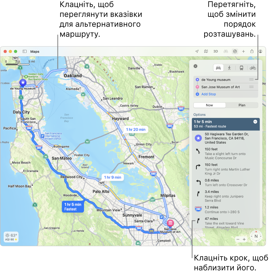 Карта Сан Франциско з маршрутами для велосипеда, включно з перепадом висот і заторами.