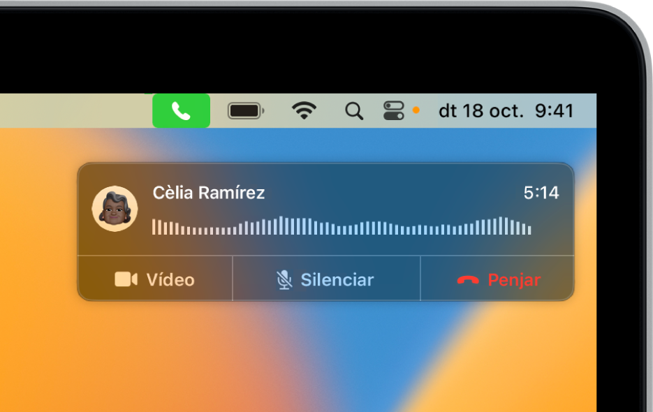 A l’angle superior dret de la pantalla del Mac apareix una notificació que indica que s’està fent una trucada telefònica.