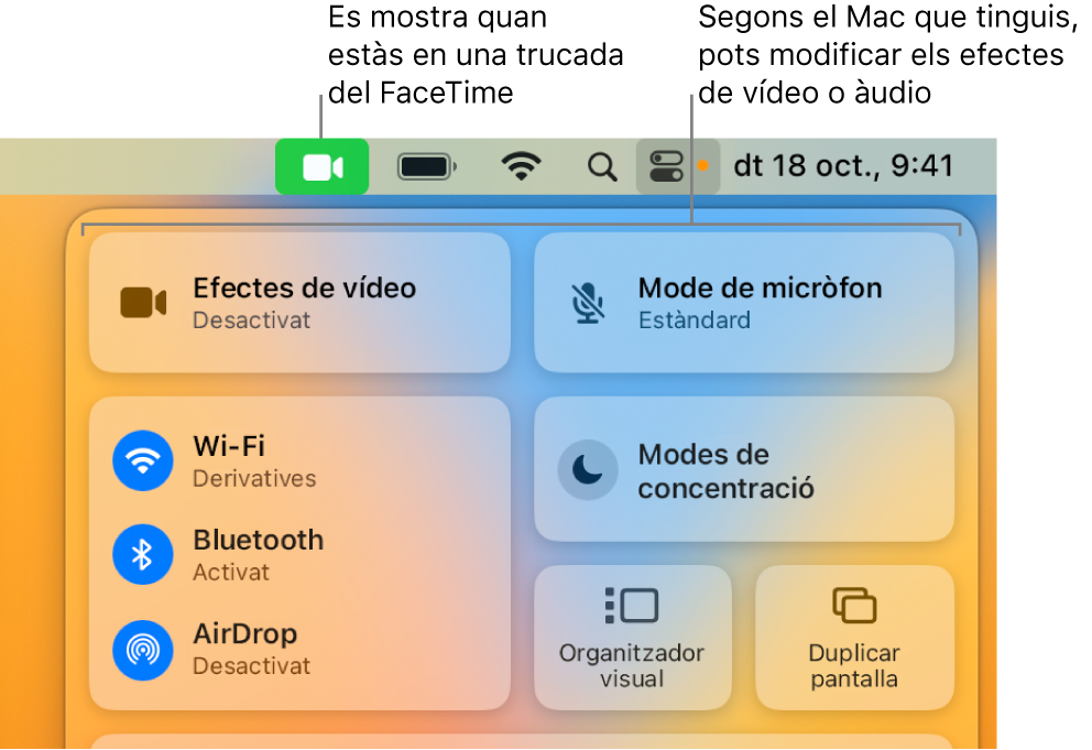El centre de control a l’angle superior dret de la pantalla del Mac, que mostra la icona del FaceTime (que apareix quan estàs en una trucada del FaceTime) els efectes de vídeo i el mode de micròfon (que canvien el vídeo o els efectes, segons el Mac que tinguis).