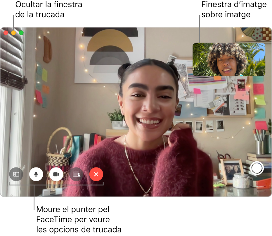Passa el punter per sobre de la finestra del FaceTime per veure els botons “Barra lateral”, Silenciar, “Silenciar el vídeo”, “Compartir pantalla”, Penjar i Live Photo. Fes clic al botó central de l’angle superior esquerre per amagar la finestra de la trucada. La finestra d’imatge dins de la imatge es mostra a l’angle superior dret.