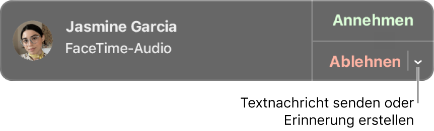 Klicke in der Mitteilung auf den Pfeil neben „Ablehnen“, um eine Textnachricht zu senden oder eine Erinnerung zu erstellen.