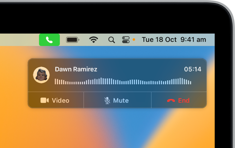 A notification appears in the top-right corner of the Mac screen, showing that a phone call is in progress.