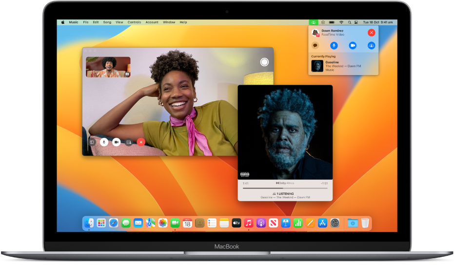 A FaceTime window showing a video call with a song playing using SharePlay.