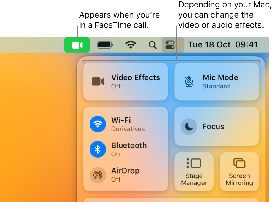 Control Centre in the top-right corner of the Mac screen, showing the FaceTime icon (which appears when you’re in a FaceTime call) and the Video Effects and Mic Mode (which change the video or effects, depending on your Mac).