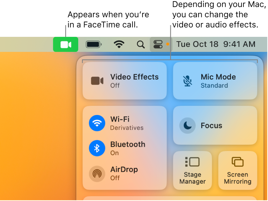 Control Center in the top-right corner of the Mac screen, showing the FaceTime icon (which appears when you’re in a FaceTime call) and the Video Effects and Mic Mode (which change the video or effects, depending on your Mac).