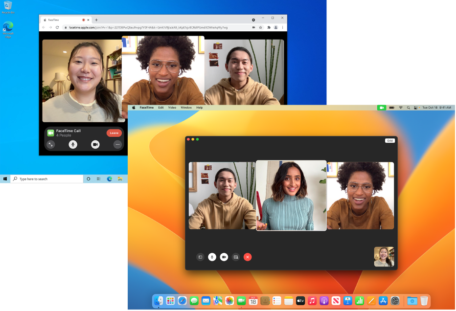 A MacBook Pro with a FaceTime group call in session. Behind it, a PC with a FaceTime on the web group call in session.