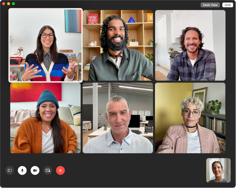 The FaceTime window in a group call with individuals shown in a grid.