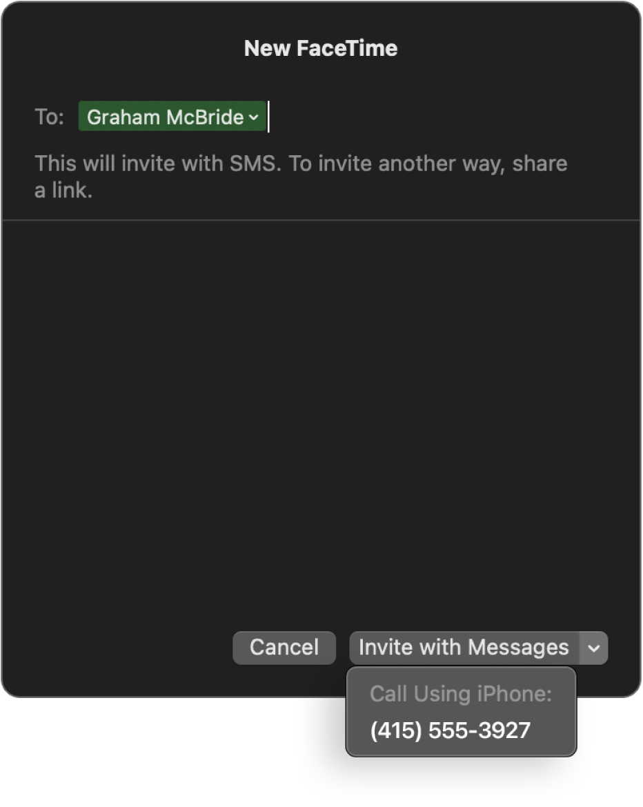 The New FaceTime window with a person’s name in the To field. The pop-up window at the bottom says to invite with Messages (send an SMS) or call using iPhone.