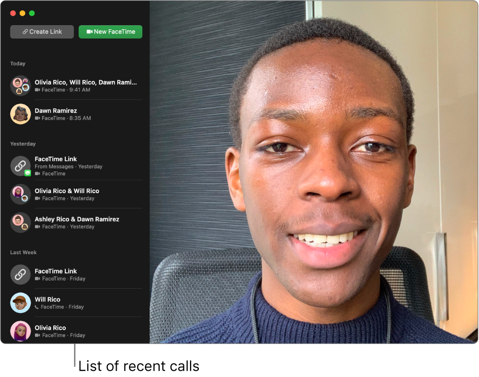A FaceTime window showing the list of recent callers on the left.