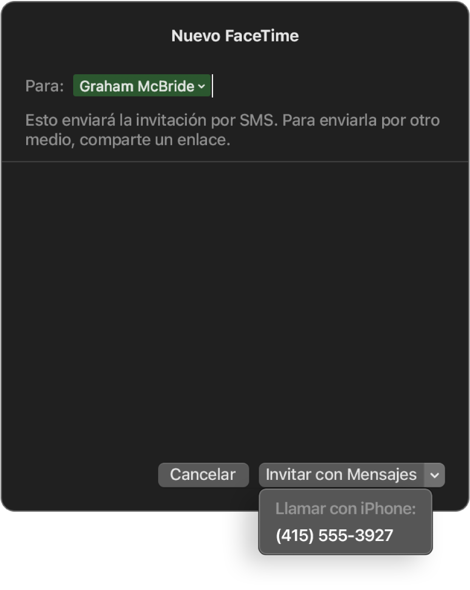 La ventana Nuevo FaceTime con el nombre de una persona en el campo Para. En la ventana emergente ubicada en el área inferior se indica que se puede invitar con Mensajes (enviar un SMS) o llamar usando el iPhone.