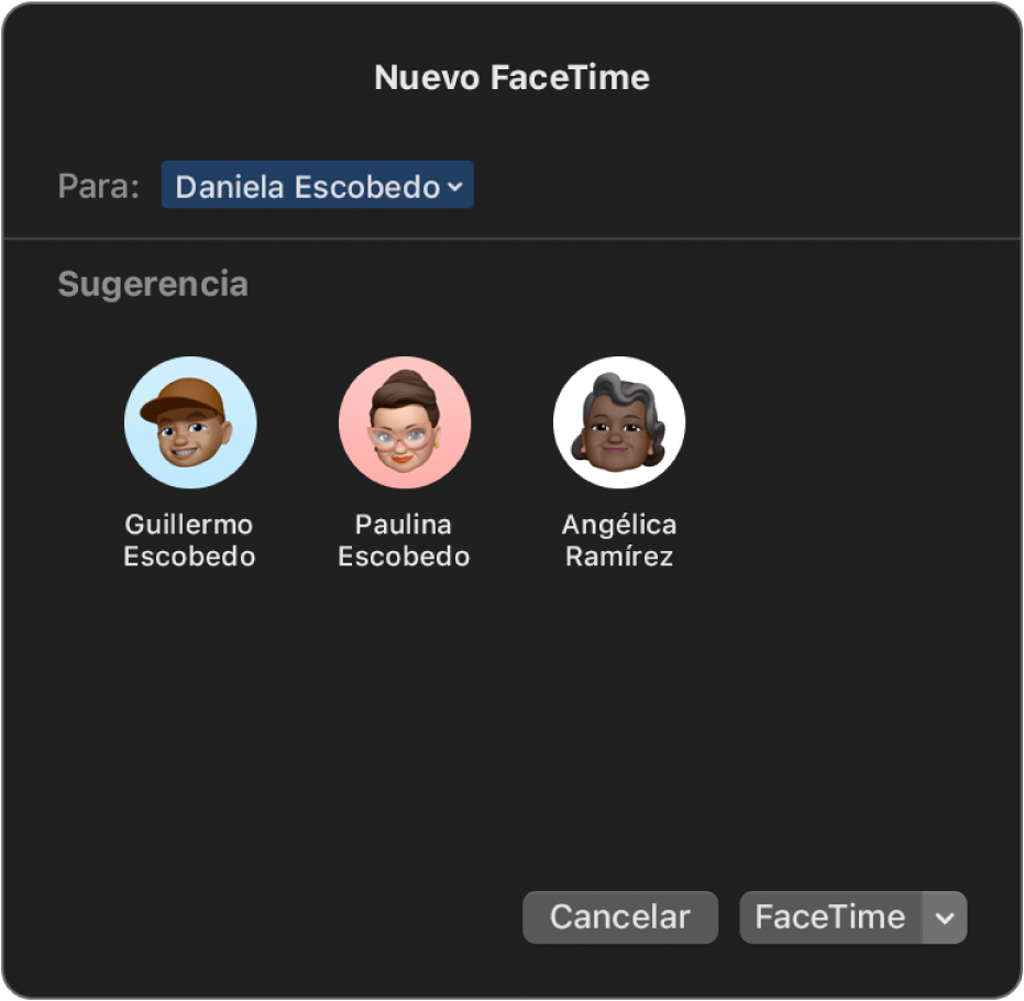 La ventana Nuevo FaceTime, donde se ingresan nombres de contactos en el campo Para o se eligen de los recomendados.