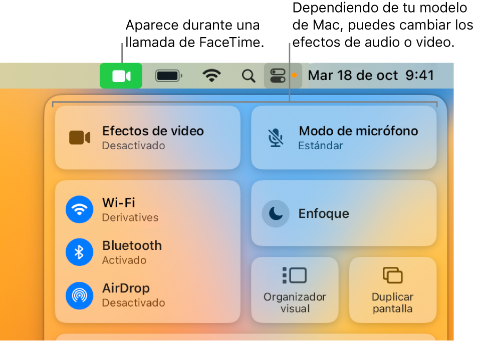 El centro de control, situado en la esquina superior derecha de la pantalla de la Mac, muestra el ícono de FaceTime (que aparece cuando estás en una llamada de FaceTime) y los efectos de video y el modo de micrófono (que cambian el video o los efectos, varían según tu Mac).
