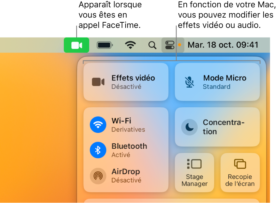 Centre de contrôle dans le coin supérieur droit de l’écran Mac, affichant l’icône FaceTime (qui apparaît lorsque vous êtes dans un appel FaceTime) et les effets vidéo et le mode micro (qui modifient la vidéo ou les effets, selon votre Mac).