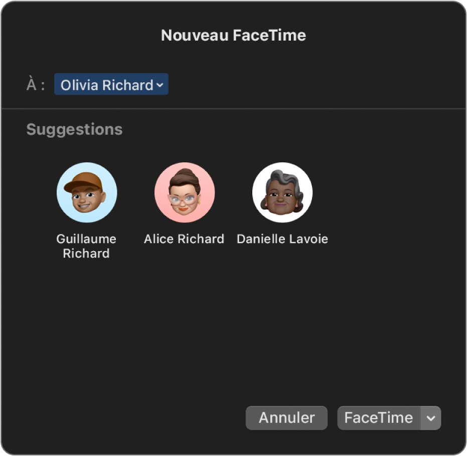 La fenêtre Nouveau FaceTime : saisissez les appelants directement dans le champ À ou choisissez-les dans la liste Suggestions.
