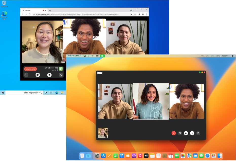 ‏MacBook Pro במהלך שיחת FaceTime קבוצתית. מאחורה, מחשב עם FaceTime במהלך שיחה קבוצתית ברשת.
