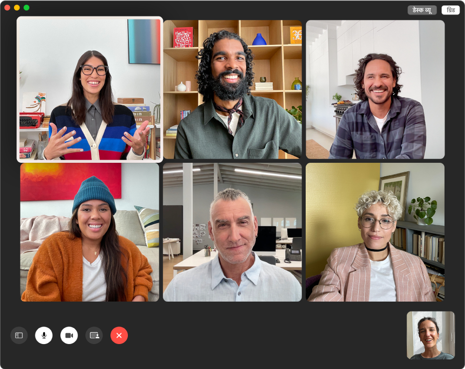 सामूहिक कॉल में FaceTime विंडो जिसमें व्यक्तियों को ग्रिड में दिखाया जाता है।