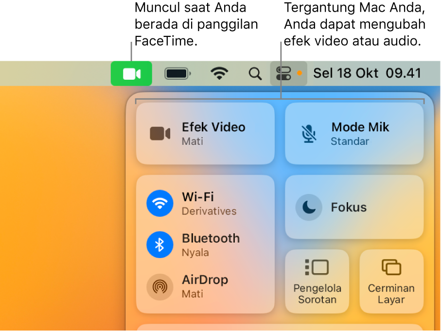 Pusat Kontrol di pojok kanan atas layar Mac, menampilkan ikon FaceTime (yang muncul saat Anda berada dalam panggilan FaceTime) dan Efek Video serta Mode Mik (yang mengubah video atau efek, tergantung Mac Anda).