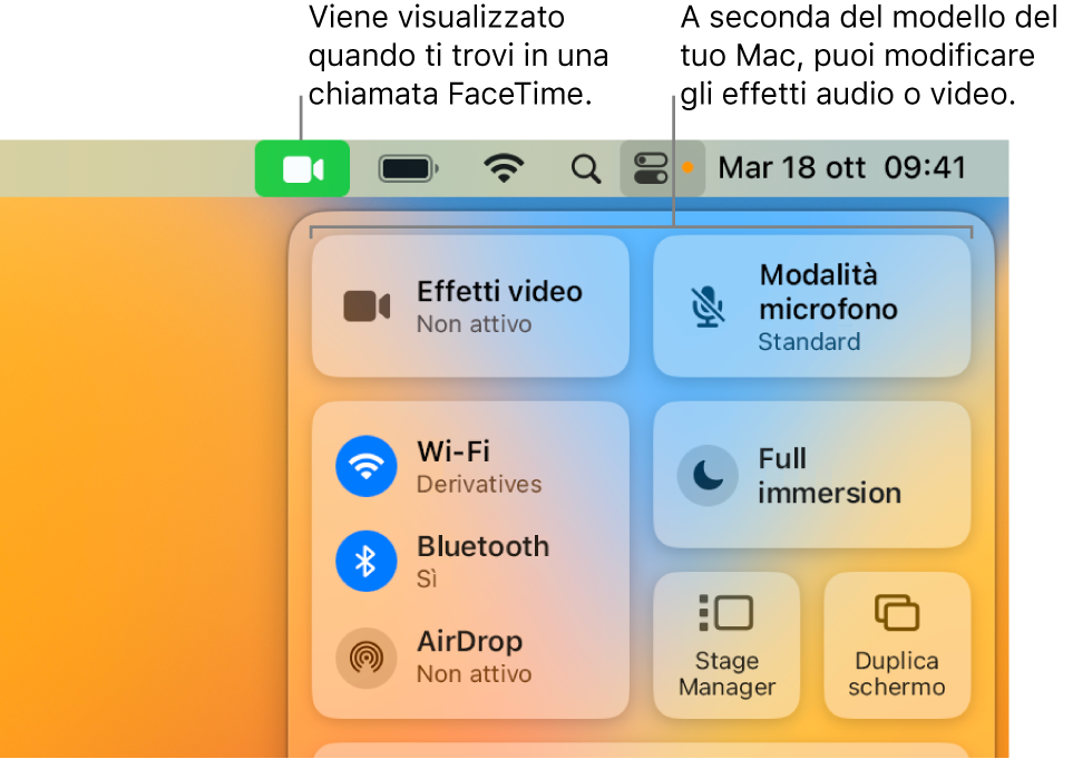 Il Centro di Controllo nell'angolo superiore destro dello schermo del Mac, che mostra l'icona FaceTime (che appare quando ti trovi in una chiamata FaceTime) e gli effetti video e la modalità microfono (che modificano il video o gli effetti, a seconda del Mac).