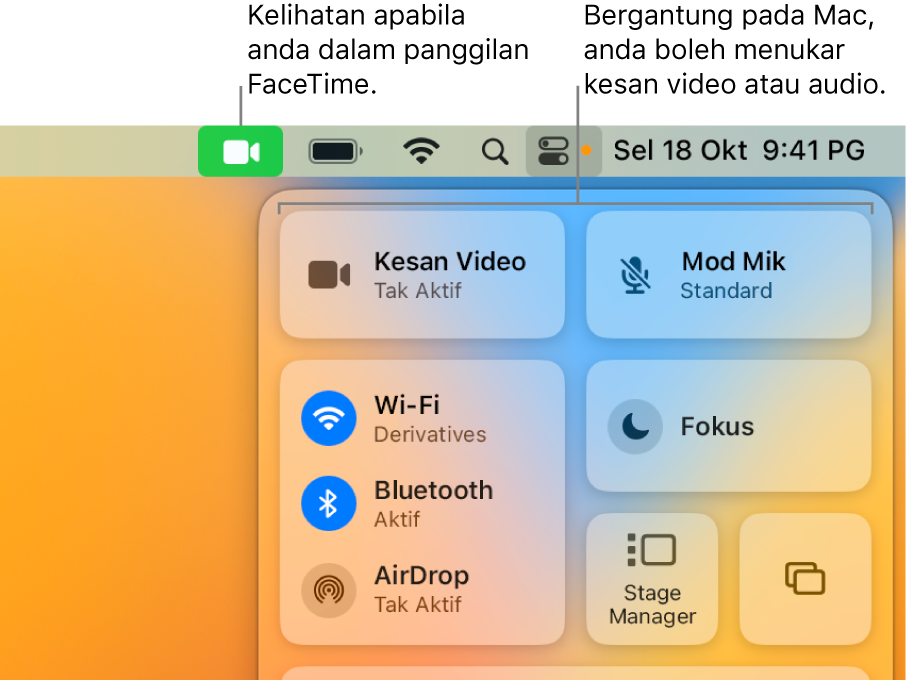 Pusat Kawalan di penjuru kanan atas skrin Mac, menunjukkan ikon FaceTime (yang kelihatan apabila anda dalam panggilan FaceTime) dan Kesan Video serta Mod Mik (yang menukar video atau kesan, bergantung pada Mac anda).