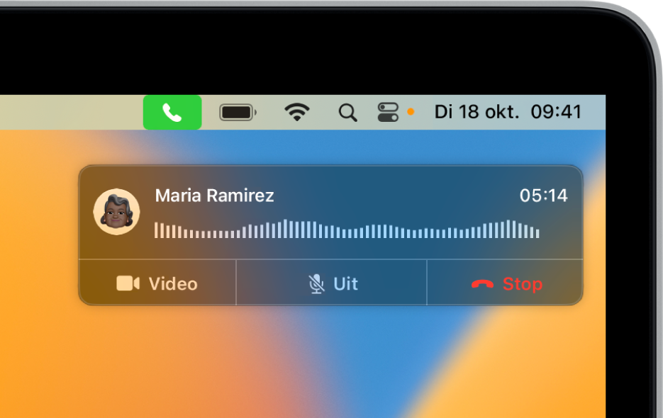 Rechtsboven in het scherm van de Mac verschijnt een melding om aan te geven dat er een telefoongesprek wordt gevoerd.