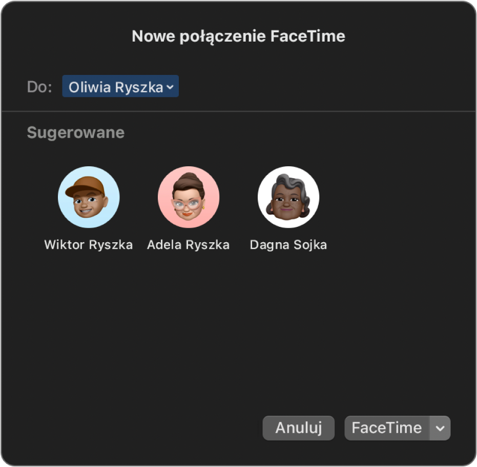 Okno nowego połączenia FaceTime. Możesz wpisać dane uczestników bezpośrednio w polu Do lub wybrać z listy sugerowanych.