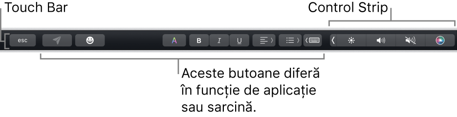 Touch Bar de-a lungul părții de sus a tastaturii, afișând banda Control Strip restrânsă în dreapta și butoane care variază în funcție de aplicație sau sarcină.