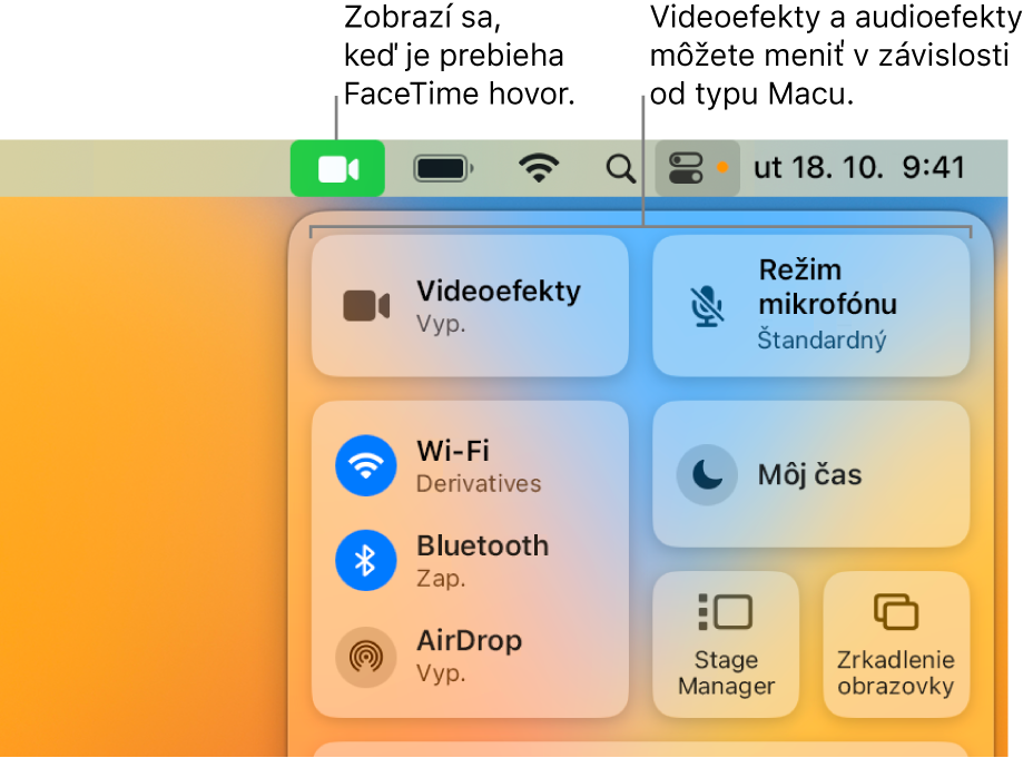 Ovládacie centrum v pravom hornom rohu obrazovky Macu zobrazujúce ikonu FaceTimu (zobrazuje sa, keď sa účastníte FaceTime hovoru) a možnosti Videoefekty a Režim mikrofónu (ktoré zmenia video alebo efekty, v závislosti od vášho Macu).