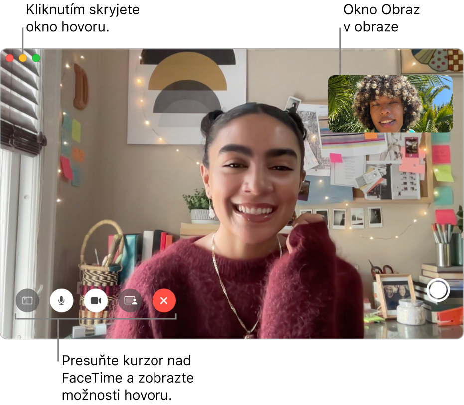 Presunutím kurzora nad okno FaceTime zobrazíte tlačidlá Postranný panel, Stíšiť, Stíšiť video, Zdieľať obrazovku, Ukončiť hovor a Live Photo. Kliknutím na prostredné tlačidlo v ľavom hornom rohu skryjete okno hovoru. Okno režimu obrazu v obraze sa zobrazuje v pravom hornom rohu.