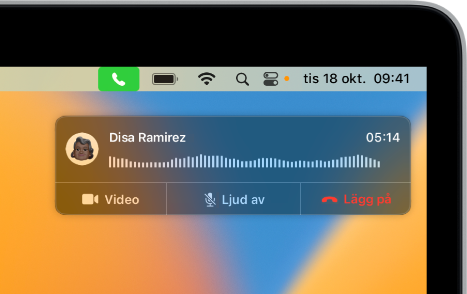 En notis visas i det övre högra hörnet på datorskärmen. Notisen visar att ett telefonsamtal pågår.