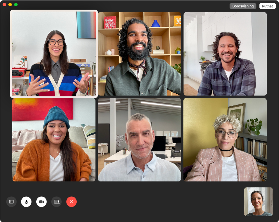 FaceTime-fönstret i ett gruppsamtal där personer visas i ett rutnät.