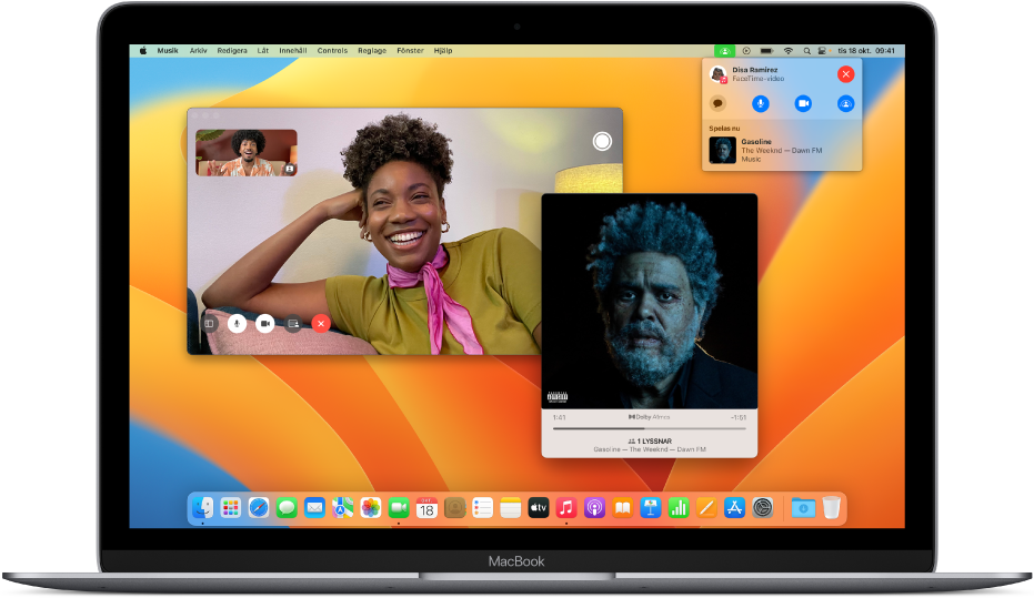 Ett FaceTime-samtal visar ett videosamtal med en låt som spelas upp via SharePlay.