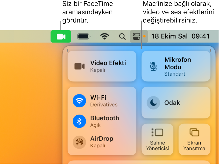 Mac ekranının sağ üst köşesindeki Denetim Merkezi, FaceTime simgesini (FaceTime aramasında olduğunuz sırada görünür) ve Video Efektleri ile Mikrofon Modu’nu (Mac’inize bağlı olarak görüntüyü ya da efektleri değiştirir) gösteriyor.