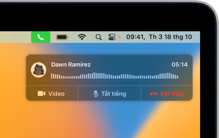 Một thông báo xuất hiện ở góc trên cùng bên phải của màn hình máy Mac, đang hiển thị một cuộc gọi điện thoại đang diễn ra.