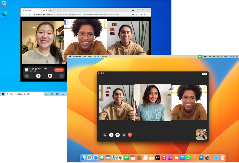 MacBook Pro với cuộc gọi FaceTime nhóm trong phiên. Bên dưới là PC với cuộc gọi FaceTime nhóm trên web trong phiên.