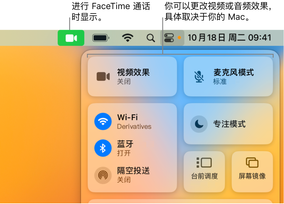 Mac 屏幕右上角的“控制中心”，显示“FaceTime 通话”图标（在 FaceTime 通话期间显示）、“视频效果”和“麦克风模式”（后两个可更改视频或效果，具体取决于你的 Mac）。