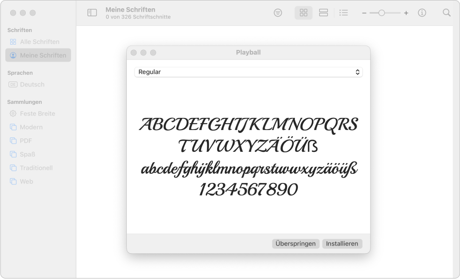 Das Fenster der App „Schriftsammlung“ mit dem Dialog für die Installation einer neuen Schrift.