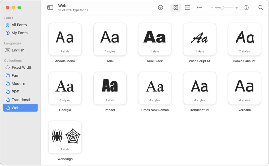 The Font Book window showing the Web collection selected in the sidebar.