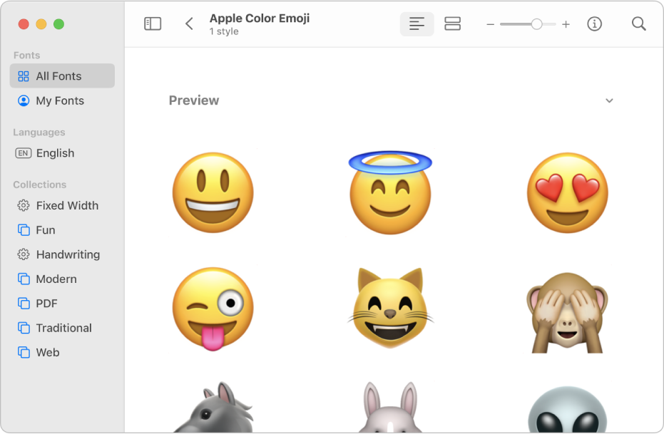 The Font Book window showing a preview of the Apple Colour Emoji font.