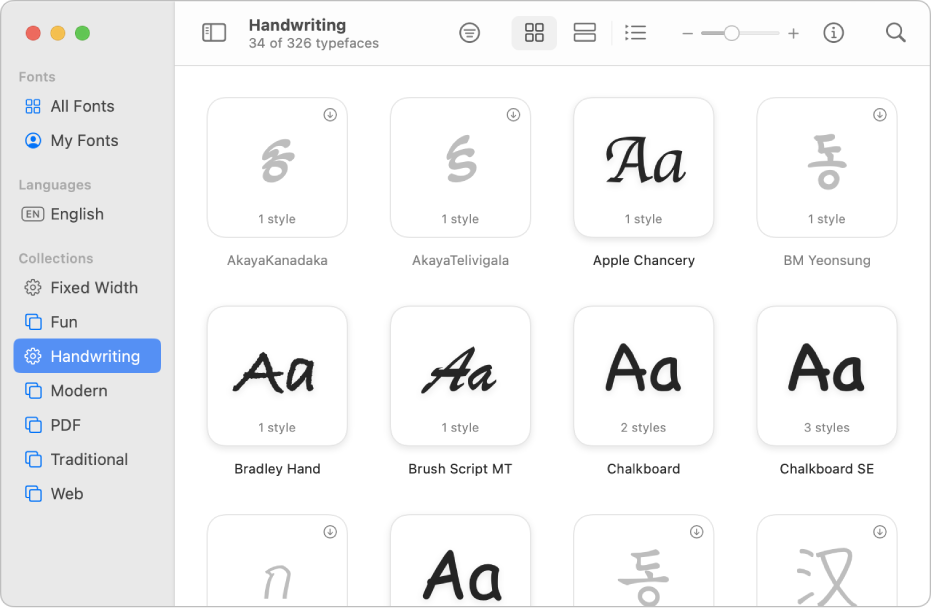 The Font Book window showing the fonts included in the Handwriting font collection.