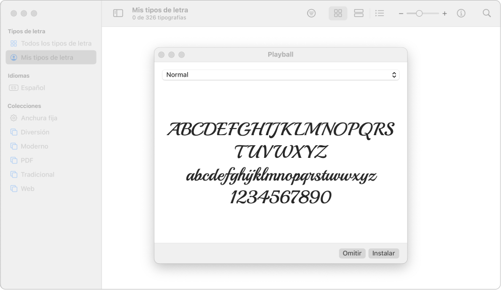 La ventana de Catálogo Tipográfico con el cuadro de diálogo para instalar un tipo de letra.