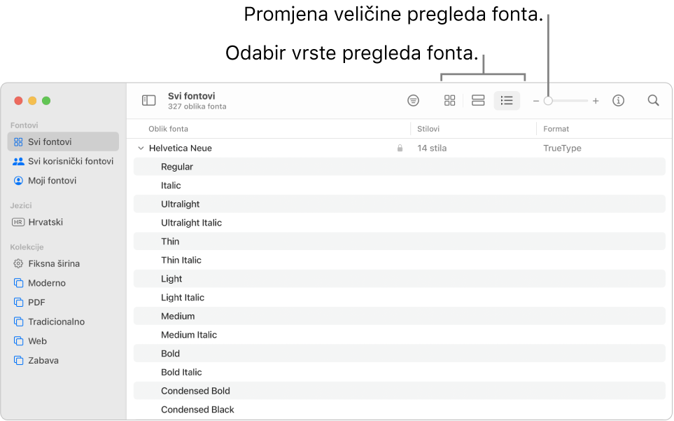 Prozor Knjige fontova s alatnom trakom na kojoj se prikazuju tipke za odabir pregleda vrste fonta i vertikalnim kliznikom za promjenu veličine pregleda.