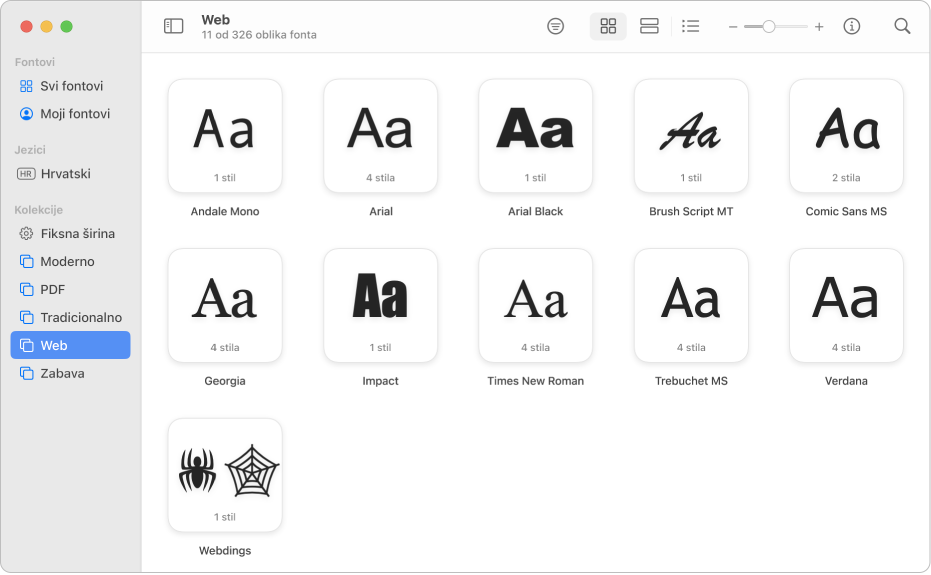 Prozor Knjige fontova koji prikazuje web kolekciju odabranu u rubnom stupcu.