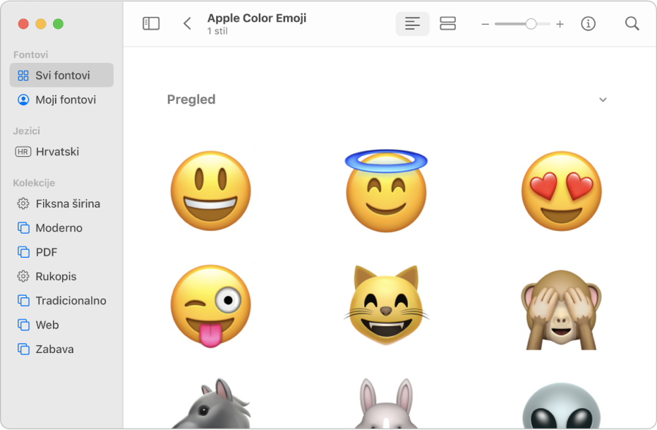 Prozor Knjige fontova koji prikazuje pretpregled fonta Apple Color Emoji.