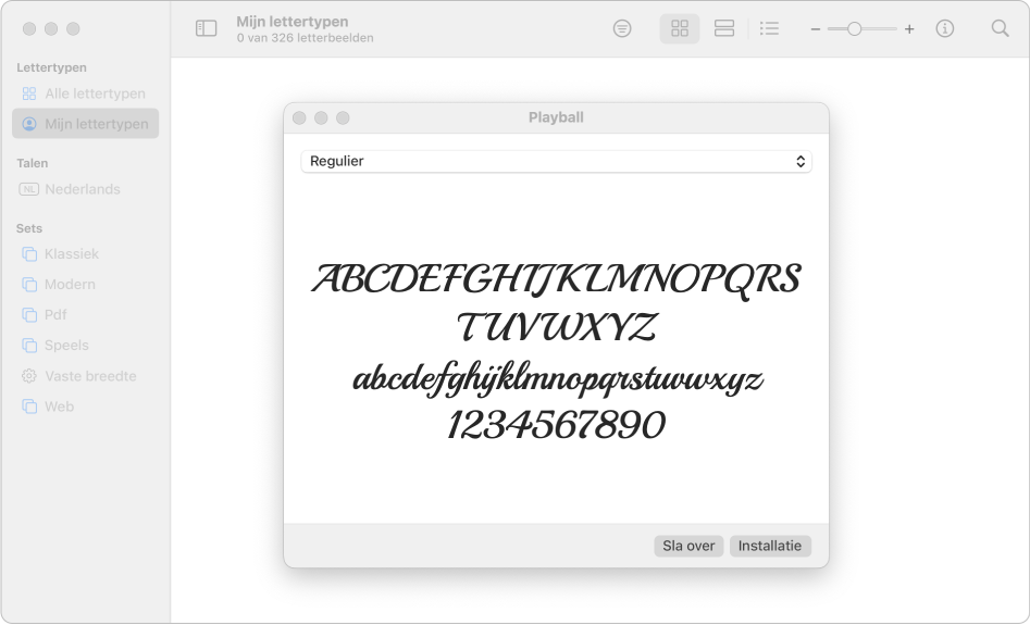 Het venster van Lettertypecatalogus met het dialoogvenster voor het installeren van lettertypen.