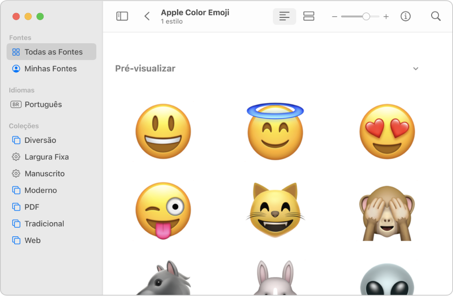 A janela do Catálogo de Fontes mostrando uma pré-visualização da fonte Apple Color Emoji.
