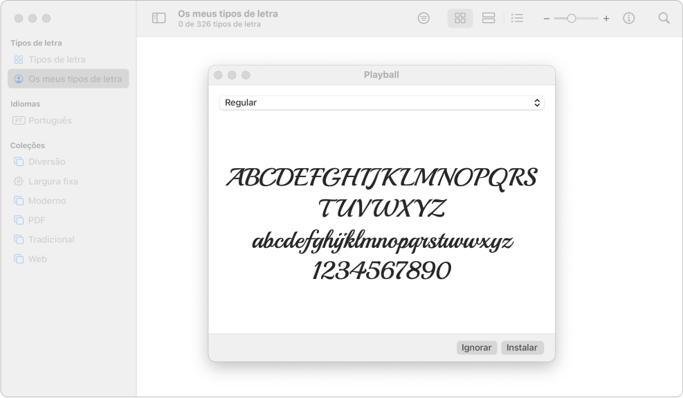 A janela do Catálogo Tipográfico a mostrar a caixa de diálogo para instalar um tipo de letra.