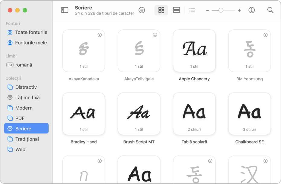 Fereastra Font Book afișând fonturile incluse în colecția de fonturi Scriere de mână.