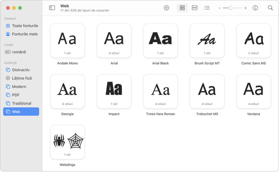 Fereastra Font Book afișând colecția Web selectată în bara laterală.