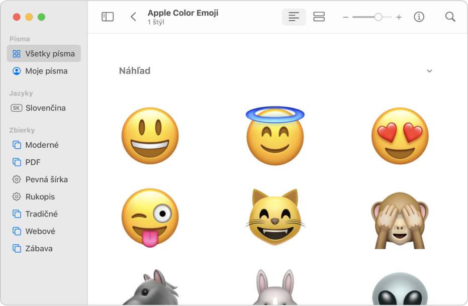 Okno aplikácie Kniha písiem zobrazujúce náhľad písma Apple Color Emoji.