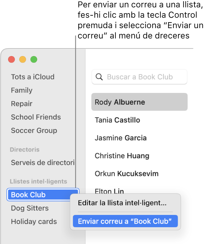 Barra lateral de l’app Contactes que mostra el menú desplegable amb l’ordre per enviar un correu electrònic a la llista seleccionada.